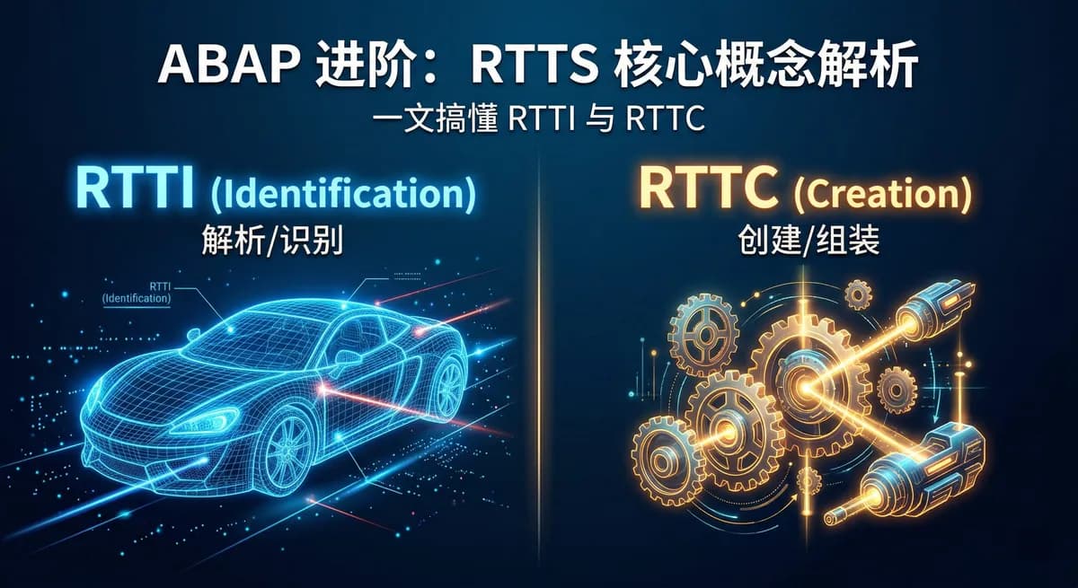 视频主要探讨ABAP中的RTTS（RunTime Type Services）技术，P1：RTTS核心概念与RTTI/R