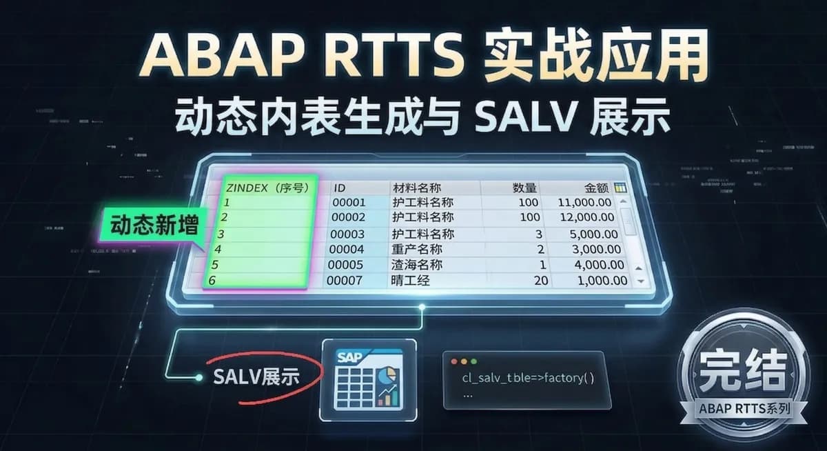 视频主要探讨ABAP中的RTTS（RunTime Type Services）技术，P3：RTTS动态编程实战：动态内表